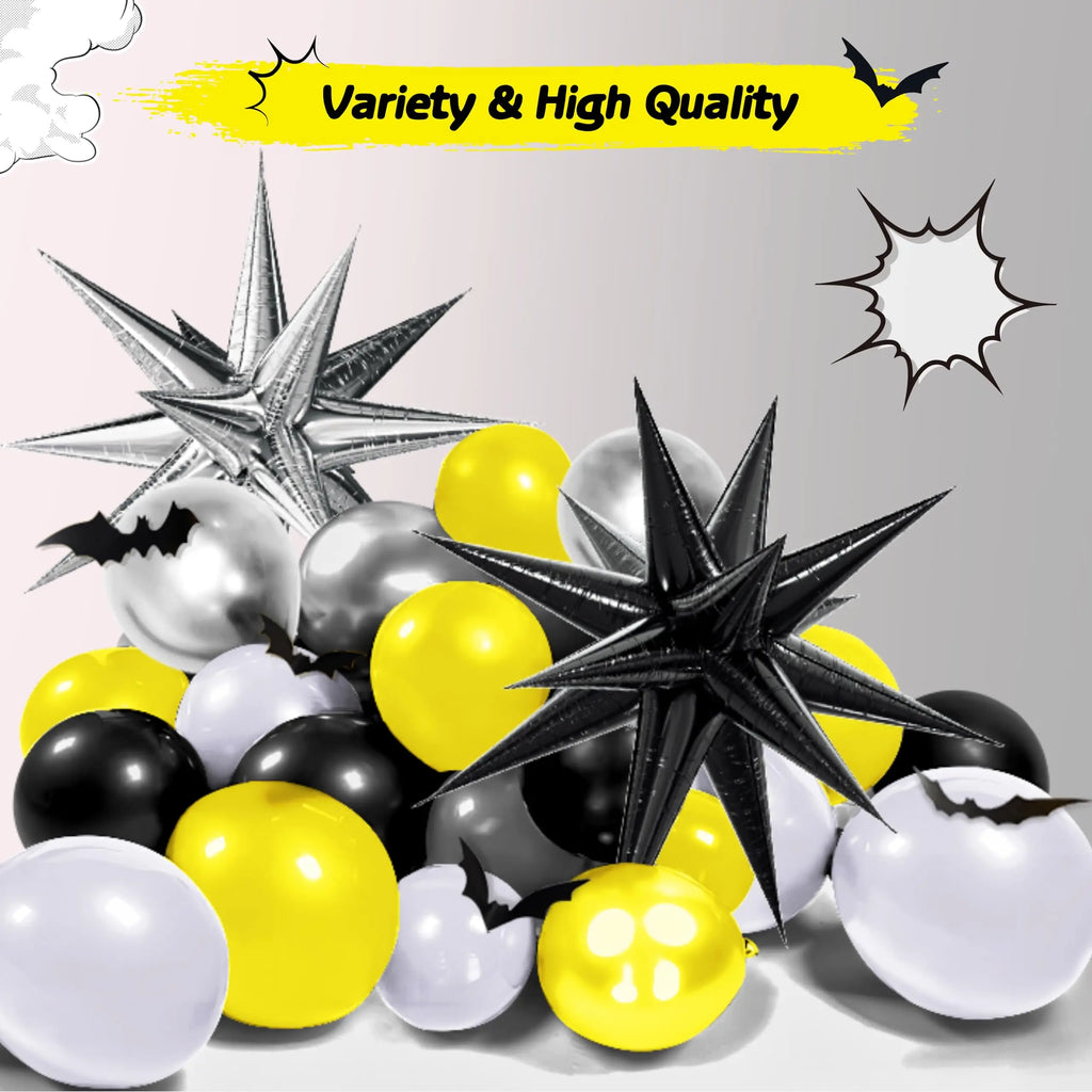 Black Yellow Silver Balloons Arch Garland Kit Bat Theme Man with Starburst Balloons Boys Baby Shower Birthday Party Decorations