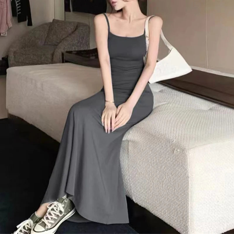 Spaghetti Strap Dresses Women Retro Sexy Slim Simple Daily Streetwear Ulzzang Midi Trendy Pure Vestidos Summer Ladies Sleeveless