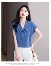 Load image into Gallery viewer, Bow Tie Blouse Shirt for Women OL Elegant Blouses Satin Womens Tops Silk Female Clothing 2023 Korean Fashion Short Sleeve Blouse