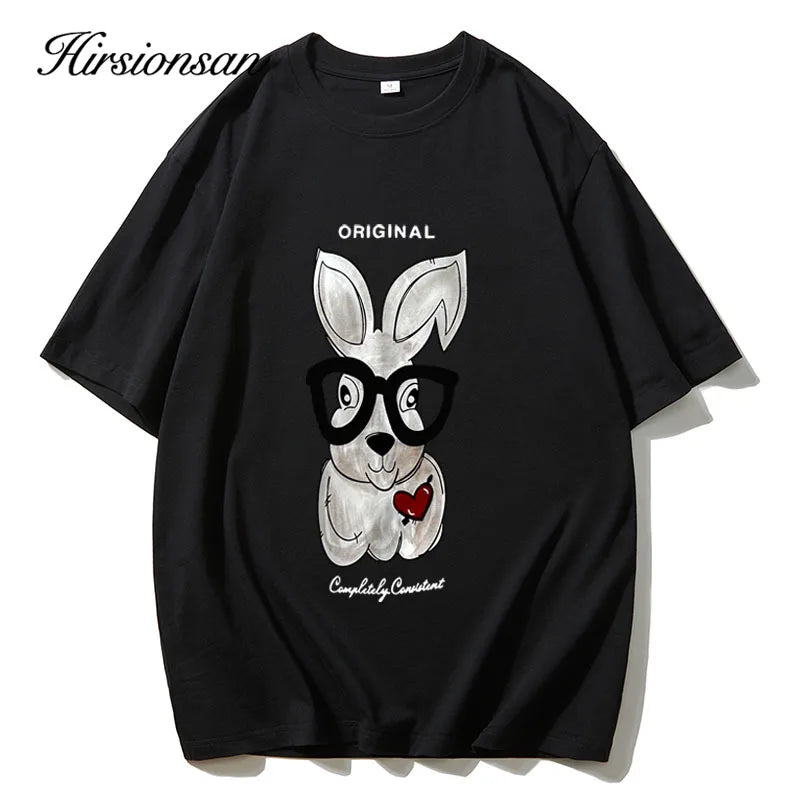 Hirsionsan 2024 Cool rabbit Printed T Shirt Women Summer Loose Casual Soft Female Clothing Vintage O Neck Cotton Lady Tops Y2k