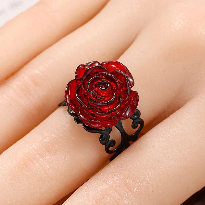 Punk Gothic Red Rose Ring Adjustable Hollow Rings for Women Witch Pagan Vintage Creative Halloween Cool Girl Gift Party Jewelry