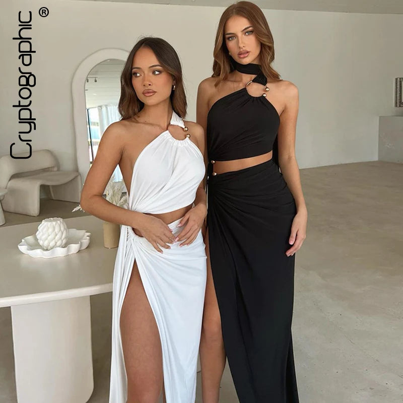 Cryptographic Fashion Sexy Cut Out Backless Maxi Dress Club Party Elegant Outfits Sleeveless Halter Asymmetrical Slit Dresses