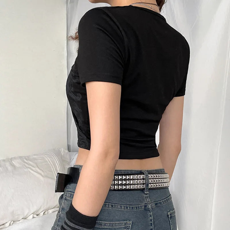 Aesthetic Summer Slim Tee Tops Streetwear Gothic Harajuku Graphic Print T-shirt Women tank Vintage Crop Top Y2K clothes t shirt