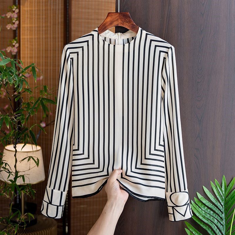 Chiffon Long Sleeves Shirts Women Striped Blouses Soft Breathable and Comfortable Casual Korea Fashion O-Neck Summer Zipper Tops