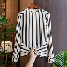 Load image into Gallery viewer, Chiffon Long Sleeves Shirts Women Striped Blouses Soft Breathable and Comfortable Casual Korea Fashion O-Neck Summer Zipper Tops