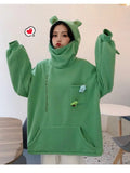 S-3XL Frog Zipper Hoodie Fleece Lined Springtime Embroidery oversized Sweatshirt Harajuku Warm Pullover Korean Style Dropship