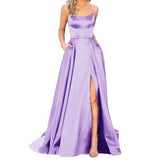 Sexy Backless Long Evening Prom Dress Purple Side Slipt Maxi Dress Women A Line Spaghetti Straps Satin Prom Gowns Formal Vestido