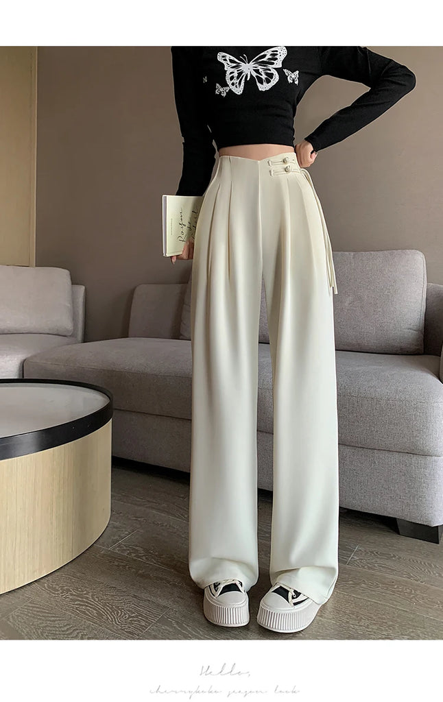 High Waist Buttons Suit Wide Leg Women's Full Pants 2024 New Spring Summer Female Elegant Minimalism Straight Loose Trousers