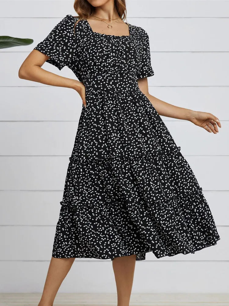 Fashion Square Collar Bubble Sleeve Floral Dress Women Medium Long Spring Summer Dress