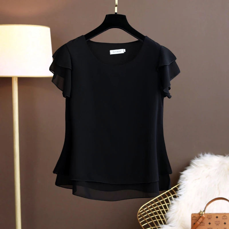 M-6XL Fashion Brand Summer Oversized Loose and Thin Casual Blouse Top Short Sleeve Chiffon Top White Blouse Green Women’s Tops