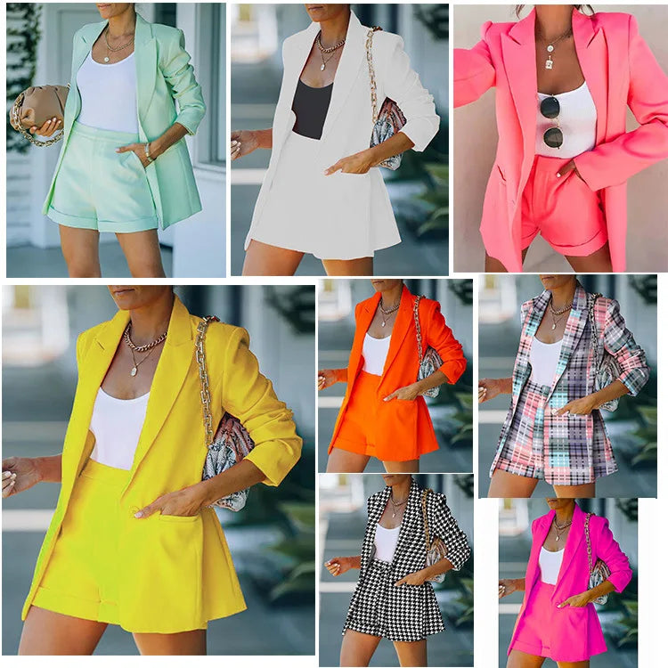 2024 Elegant Two Piece Blazer Suit Sets Women OL Office Sets Slim Cardigan Blazer Shorts Solid 2 Piece Set Casual Blazers Set