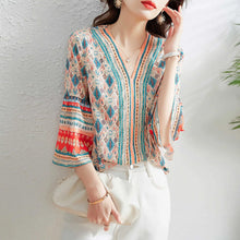 Load image into Gallery viewer, Woman Summer Vintage Style Chiffon Blouses Tops Lady Casual Hafl Flare Sleeve V-Neck Printed Blusas Tops ZZ1326