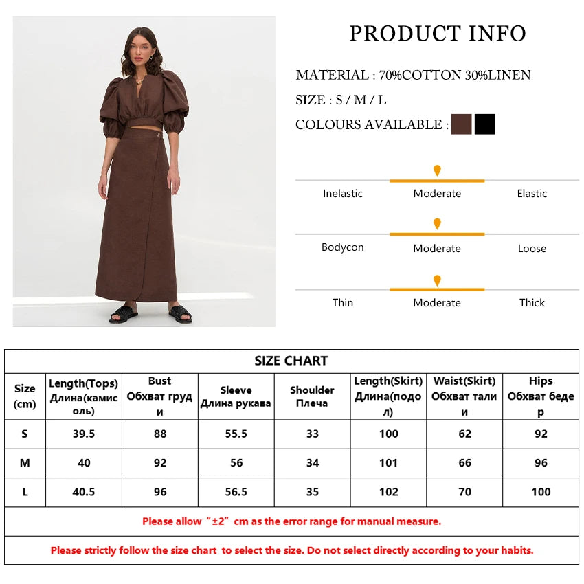 Clacive Fashion Loose Brown Linen 2 Piece Set Women Outfit Summer Long Sleeve Crop Shirt With High Waist Long Skirts Set Female