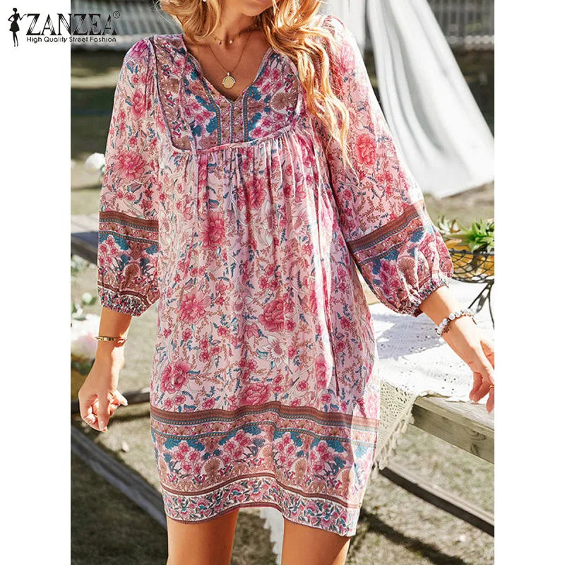 ZANZEA V-Neck Short Sleeve Floral Printed Sundress Women Summer Bohemian Dress Vintage Loose Elegant Casual Holiday Beach Robe