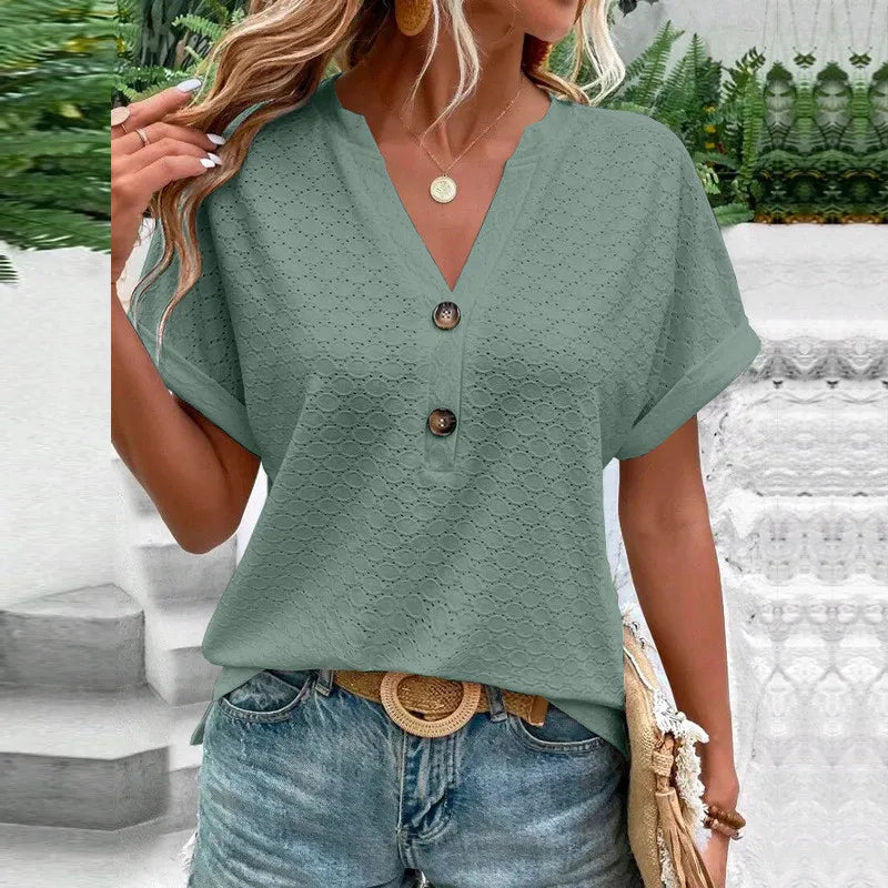 2023 New Fashion Women Blouses Casual Jacquard Button V-Neck Solid Loose Shirts Summer Short Sleeve Oversized Tops Female