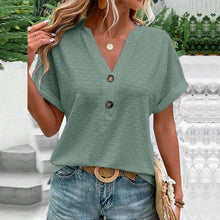 Load image into Gallery viewer, 2023 New Fashion Women Blouses Casual Jacquard Button V-Neck Solid Loose Shirts Summer Short Sleeve Oversized Tops Female