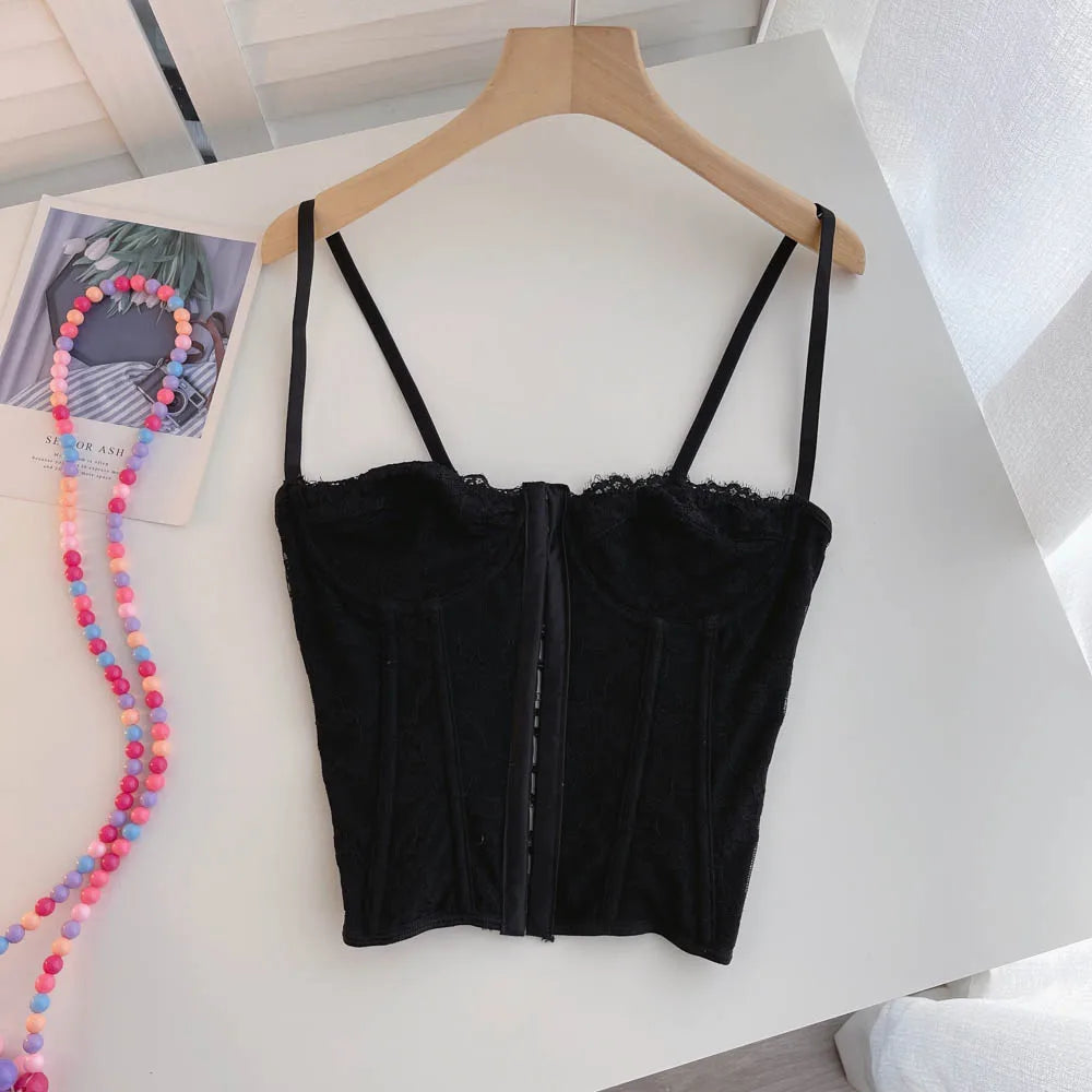 Sexy Embroidery Lace Women Camis Tops Women Corset Bralette Cami Front Buttons Crop Cute Vest Elegant French Chic Party Clubwear