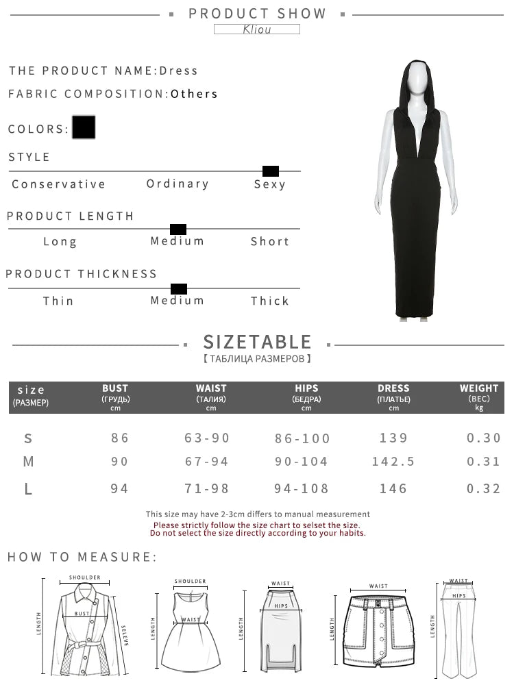 Kliou Elegant Hooded Maxi Dresses Women Hipster Sleeveless Sexy Deep V-neck Backless Side Split Robe Female High Street Vestido