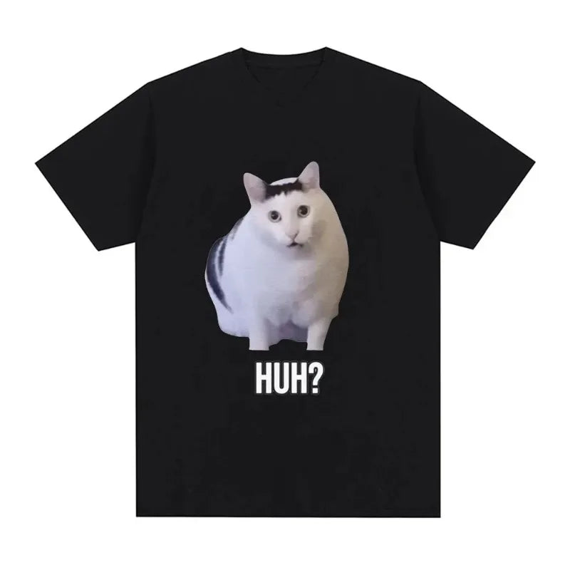 Cat Saying Huh? Funny Meme T-shirt Men Women 100% Cotton Breathable Short Sleeve Oversized T Shirts Fashion Harajuku Tee Shirt