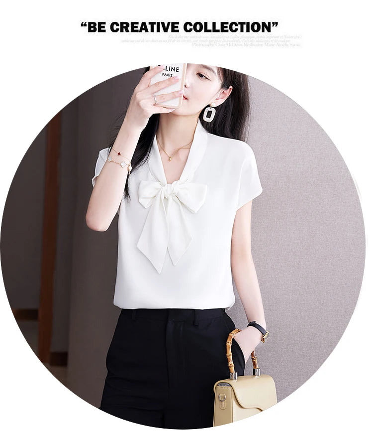 Bow Tie Blouse Shirt for Women OL Elegant Blouses Satin Womens Tops Silk Female Clothing 2023 Korean Fashion Short Sleeve Blouse