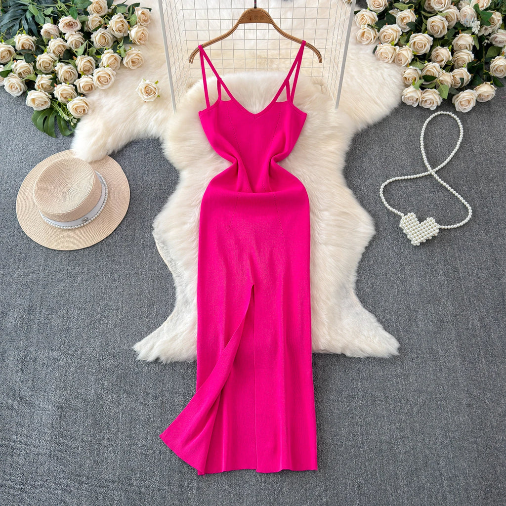 sweet Sleeveless Backless Solid Knit Split Slip Dress Chic Elastic Slim Fashion Party Women Elegant Wrap Pencil dresses