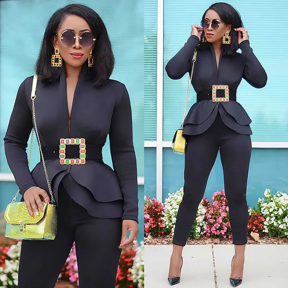 Women Fashion Women's Set Tracksuit Full Sleeve Ruffles Blazers Pants Suit Two Piece Set Office Lady Business Wear Uniform