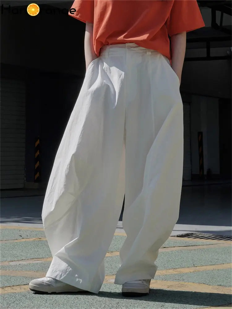 HanOrange 2024 Summer Air Feeling Neutral Arc Wide Leg Pants Women Loose Casual Trousers Female White/Military Green/Pink