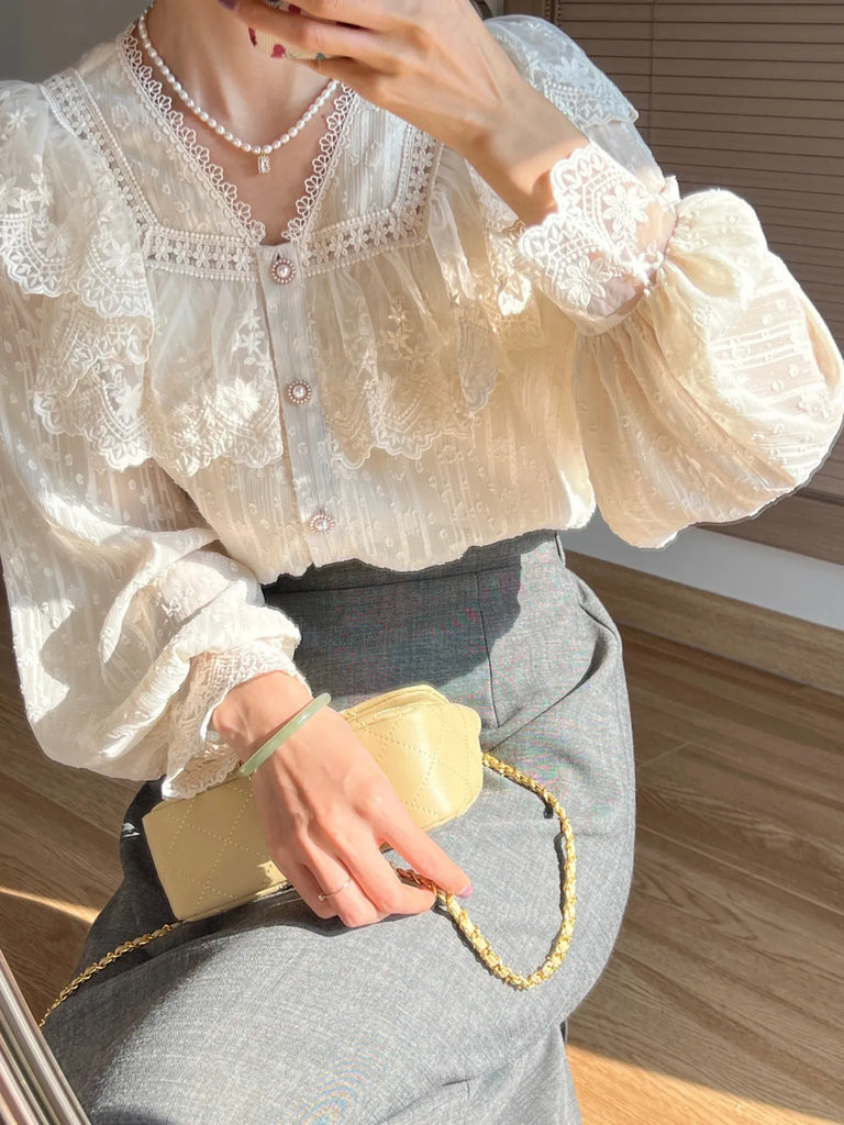 Vintage French Women Shirts Lace Lolita Elegant Long Sleeve Flounce Blouse High Quality Office Lady New Fashion Chic Female Tops