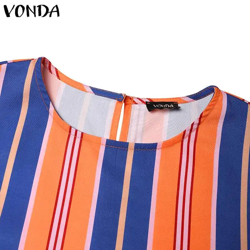 VONDA Bohemian Vintage Women Striped Pants Sets 2024 Summer Half Sleeve Casual Loose Tops and Pants Matching Sets Oversize 2PCS