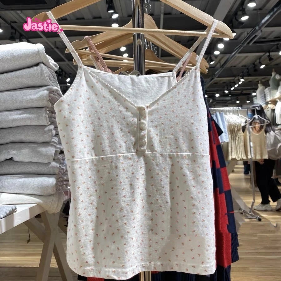 Vintage Floral Print Button Sleeveless Vests Women Summer New Cotton Soft Lace Slim V-neck Tank Tops Sweet Cute Chic Camis Y2K