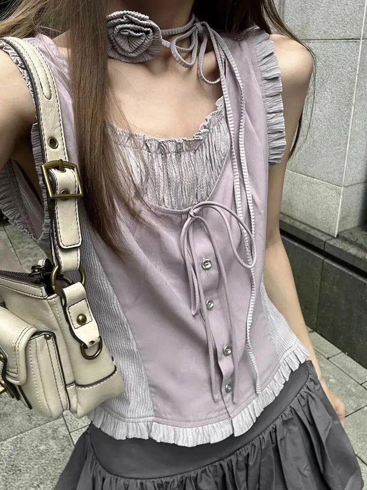 HOUZHOU Vintage Elegant Sweet Tanks Women French Style Harajuku Bandage Ruffle Patchwork Sleeveless Slim Tees Tops Summer 2024