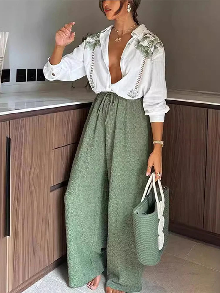 Casual Green Print Shirts Set Women Loose Single Breasted Blouses Pleated Drawstring Wide Leg Pants 2024 Summer Lady Outfit