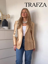 Load image into Gallery viewer, TRAFZA Spring Fashion Women Blazer Tops Gold Turn-Down Collar Long Sleeves Pockets Single Breasted Female Chic Coats Office Lady