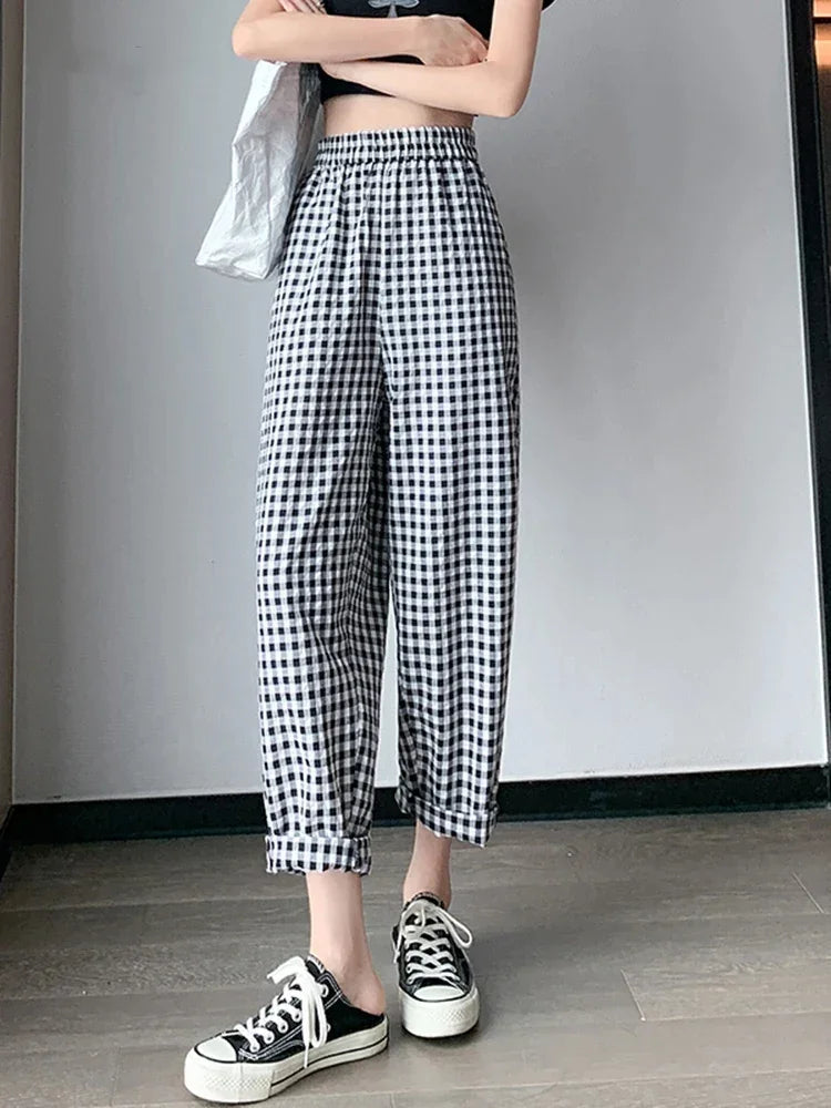 New Women's Checkered Cotton Hemp High Waist Casual Haren Pants Summer Korean Fashion Loose Women Seven Split Wide Leg Pants