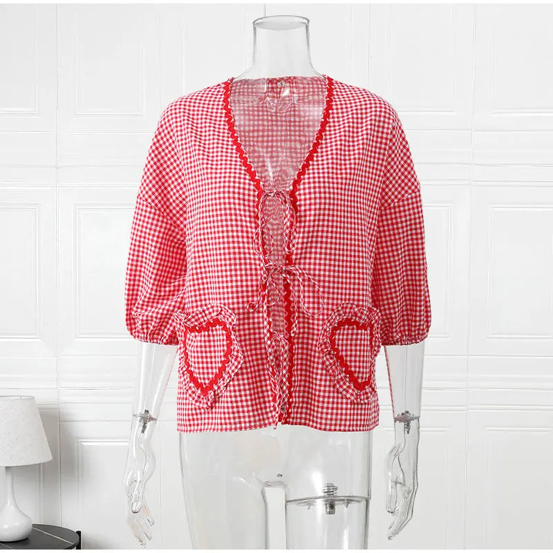 Elegant Plaid Bow Lace Print Women Shirt Fashion Casual Long Lantern Sleeve V Neck Tops 2024 Spring Summer Female Love Outwear