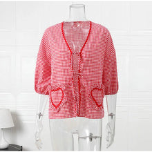 Load image into Gallery viewer, Elegant Plaid Bow Lace Print Women Shirt Fashion Casual Long Lantern Sleeve V Neck Tops 2024 Spring Summer Female Love Outwear