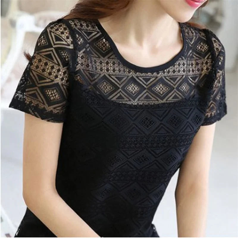 Women Summer Chiffon Blouse Lace Crochet Female Korean Shirts Ladies Blusas Tops Shirt White Blouses Slim Fit Tops 2024 New