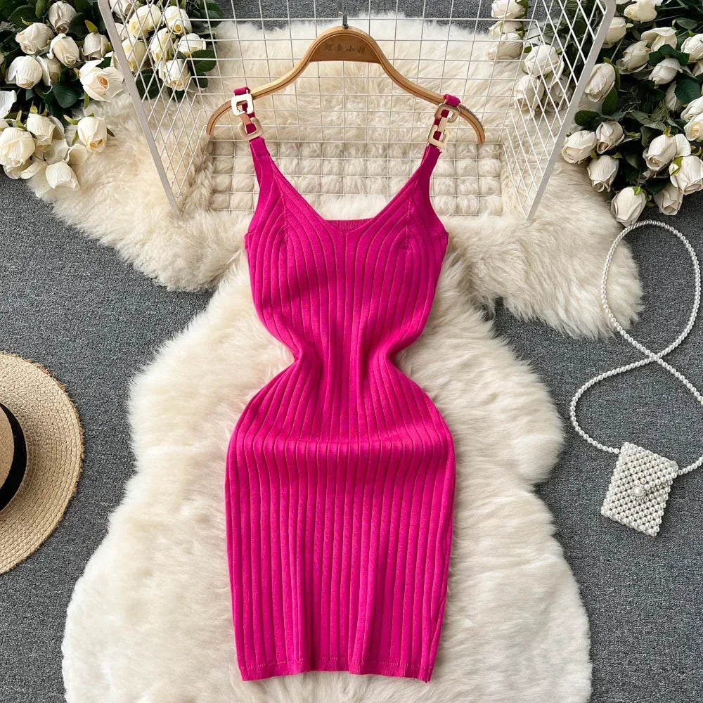 Knitted Summer Women Solid Dress 2024 Slim V Neck Elegant Sexy Vacation Fashion Ladies A Line Midi Dresses