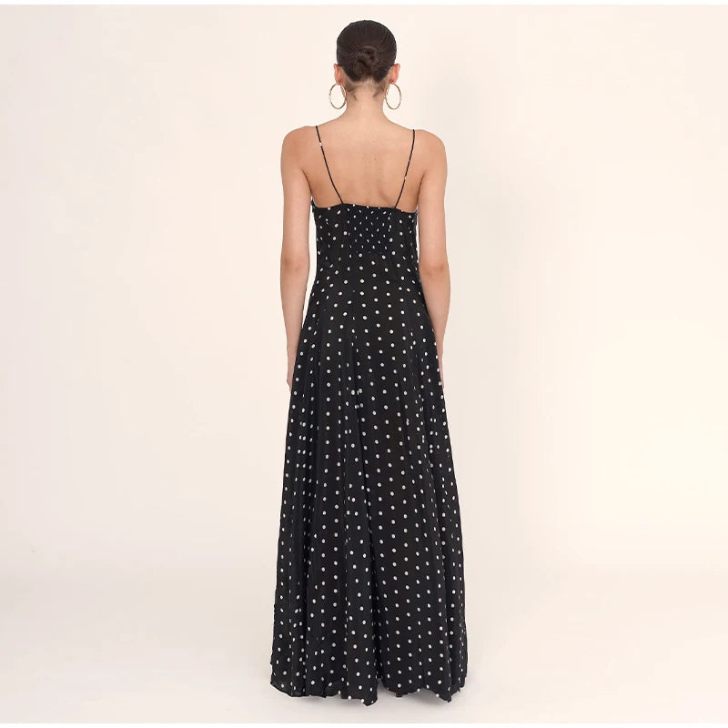 Sexy Black Spotted Backless A-line Sling Long Dresses Elegant Sleeveless High Waist Slim Dress Summer Lady Vacation Party Robes