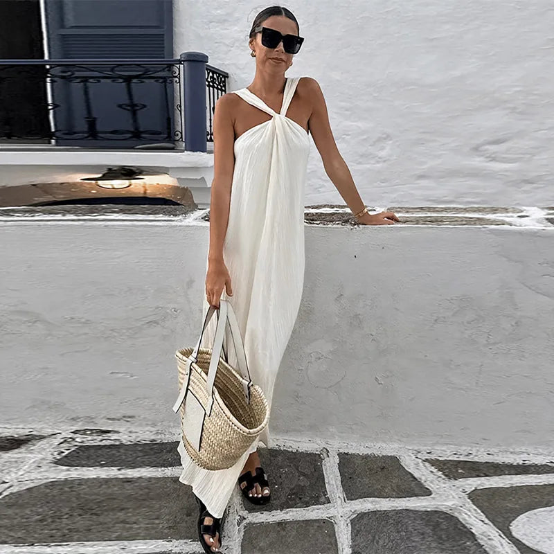 Elegant Soild Halter Maxi Dress For Women 2024 Summer Sleeveless Backless Long Dresses Fashion Lady Holiday Party Beach Robe