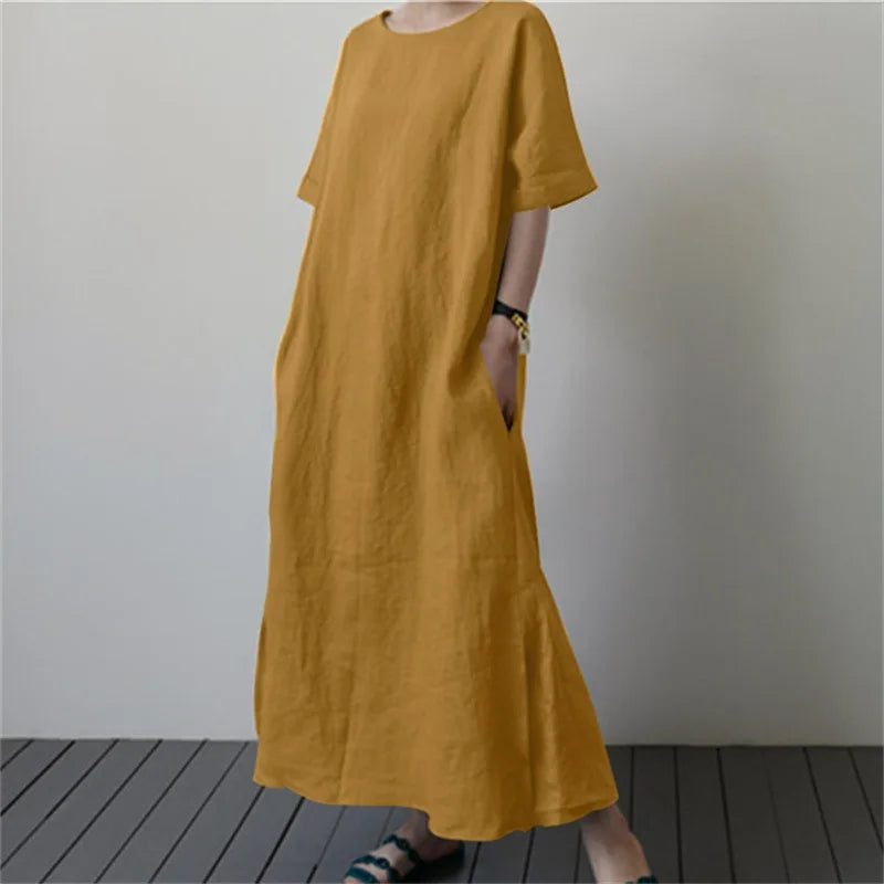 2024 Summer Fashion New Women's Cotton and Hemp Loose Solid Short Sleeved Tie Waist Belt Split Casual Elegant Dress