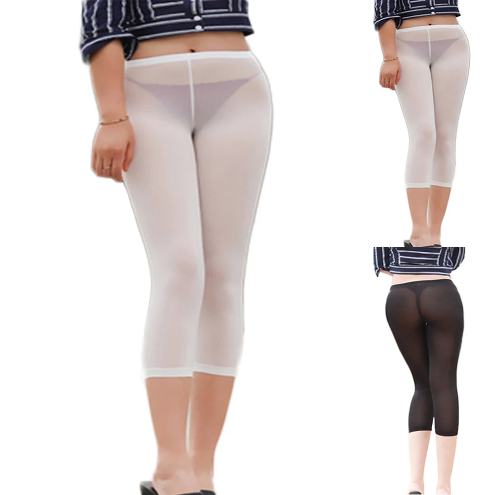 Sexy Women's Transparent Black White Cropped Pants Leggings High Elastic Ice Silk Leggings Trousers Female Clothing