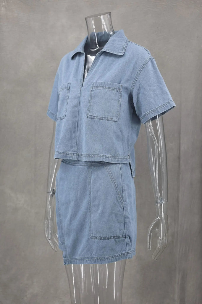 2024 Summer Women Blue Denim Skirt Suit Loose 2 Piece Set Short Sleeve with Pocket Shirt and Irregular Skirt Female Street Out