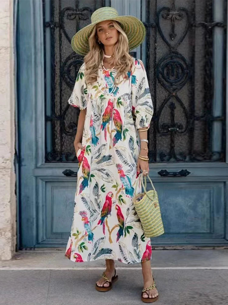 Vintage Print Patchwork Long Dresses Women Fashion Lantern Shorts Sleeves Loose Maxi Dress 2024 Lady Casual Vacation Streetwear