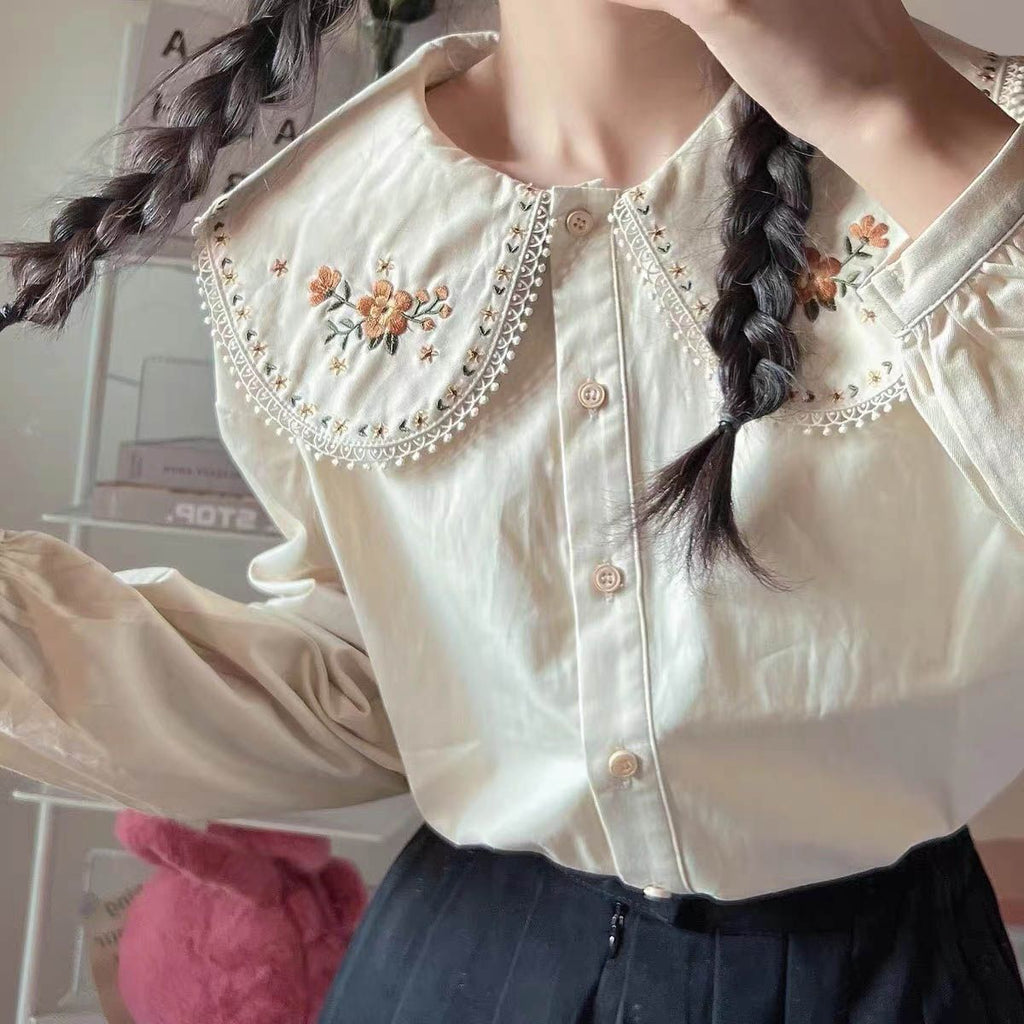 Peter Pan Collar Shirts Women Cute Korean Style Vintage Students Pure Girls Harajuku Female Fashion Chic Tops New Arrival Autumn