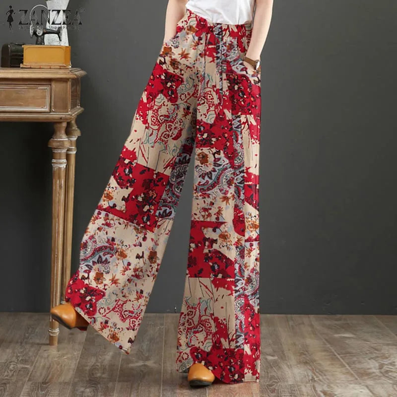 Bohemian Vintage Long Pants ZANZEA Women Wide Leg Trousers Summer High Waist Printed Pantalon Female Elegant Work Palazzo Capris