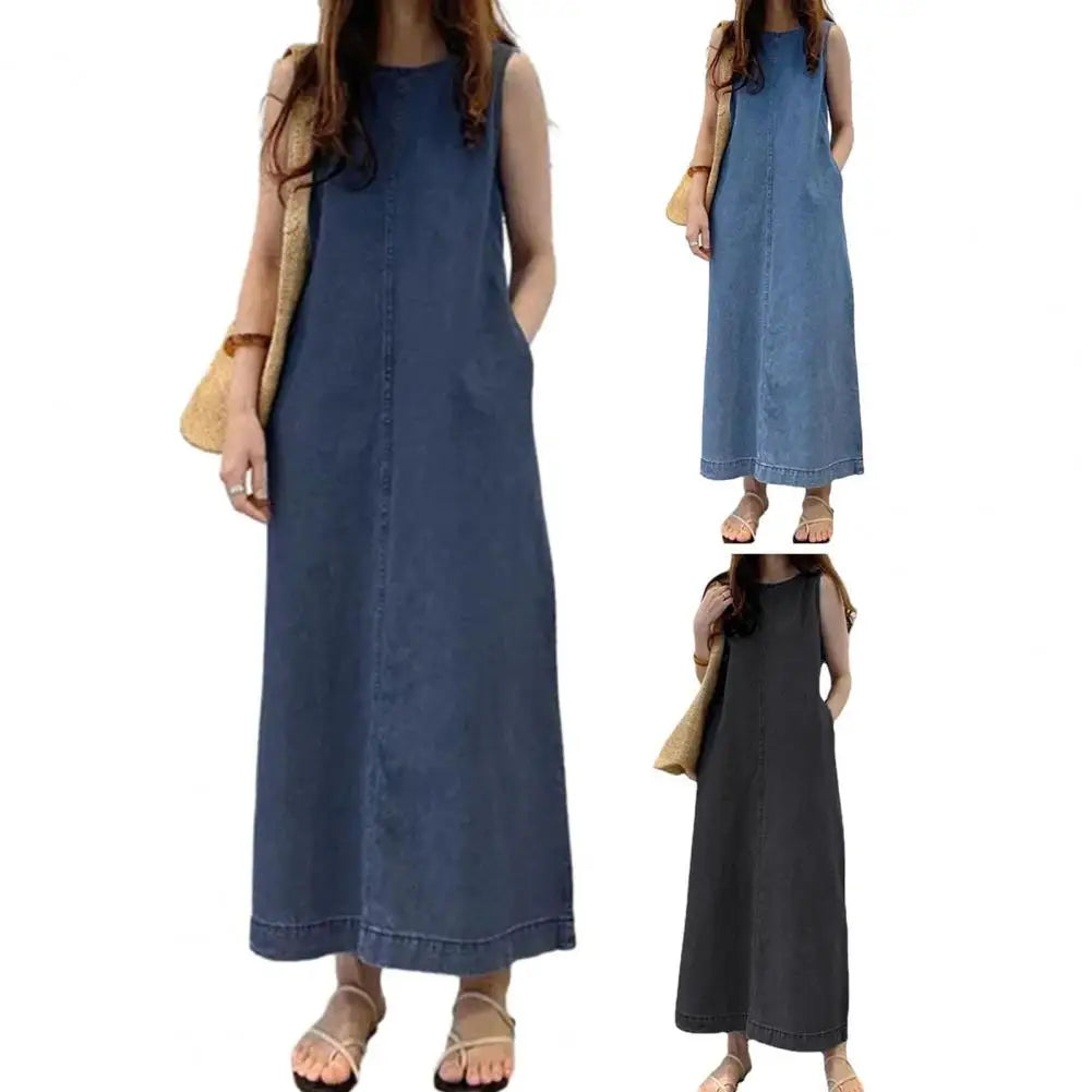 Femme Fashion Casual Loose Long Maxi Sundress Pleated Denim Vestido Sleeveless Robe Women Summer A Line Dress Overszie