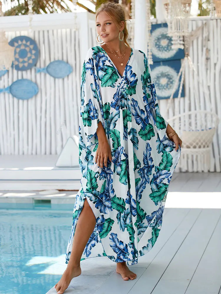 2024 Summer Boho Green Striped Print Plus Size Beach Dress Casual V-neck Batwing Sleeve Oversize Kaftan Women's Clothing Q1297