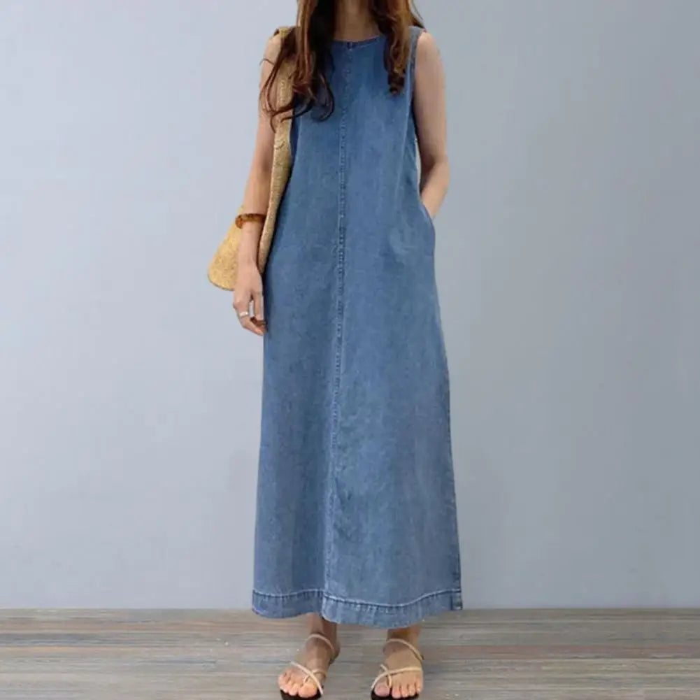 Femme Fashion Casual Loose Long Maxi Sundress Pleated Denim Vestido Sleeveless Robe Women Summer A Line Dress Overszie