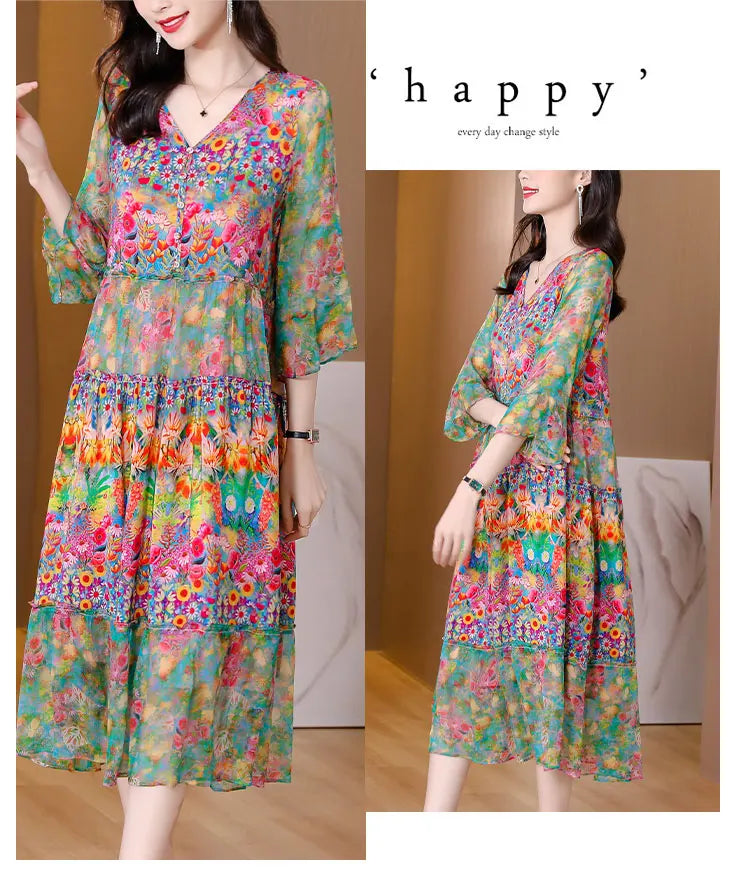 Summer Dress 2023 Woman Silk Floral Dress Elegant Long Beach Vintage Dresses for Women